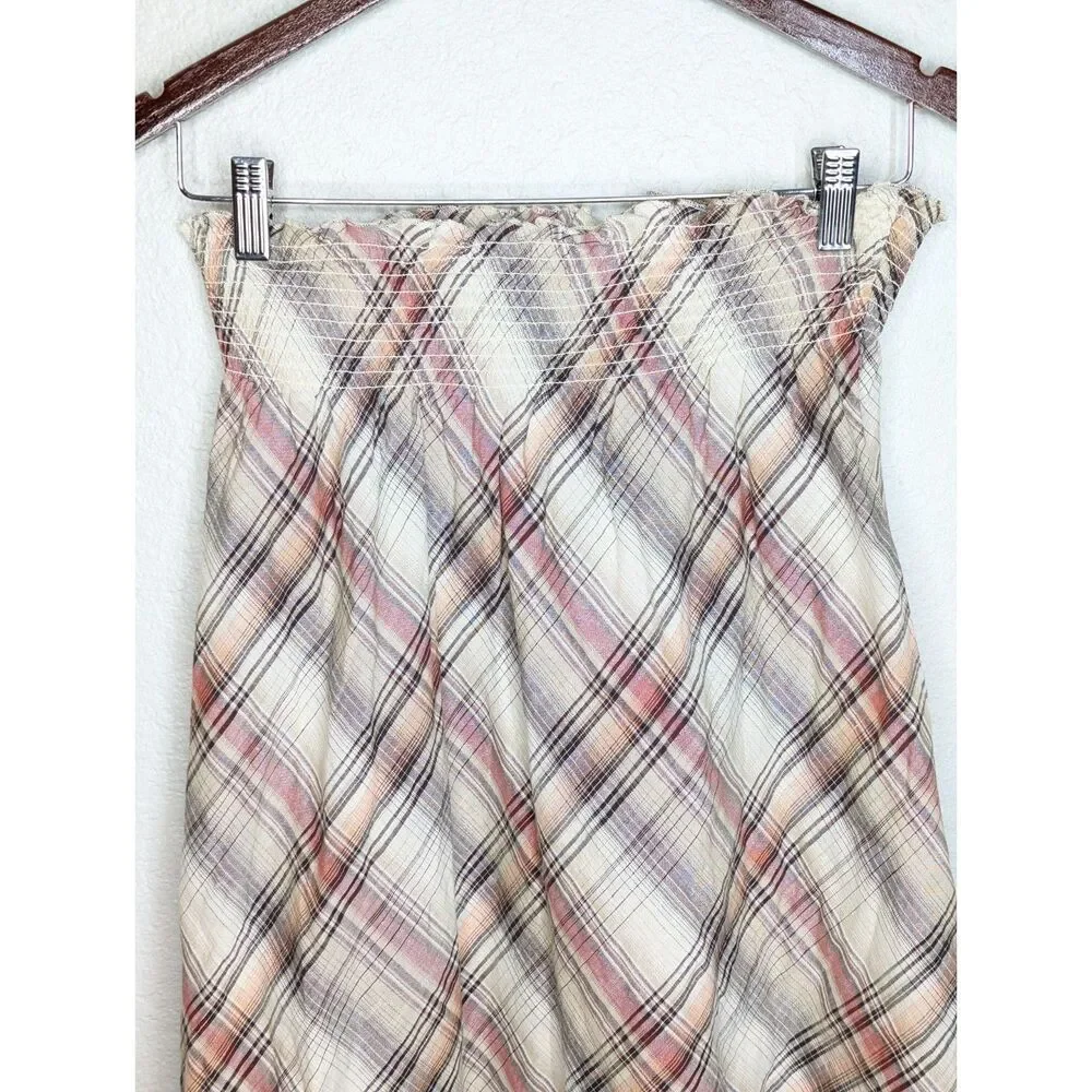 NWOT Y2K Old Navy Plaid A Line Skirt Sz M Linen Blend Elastic Waist Academia